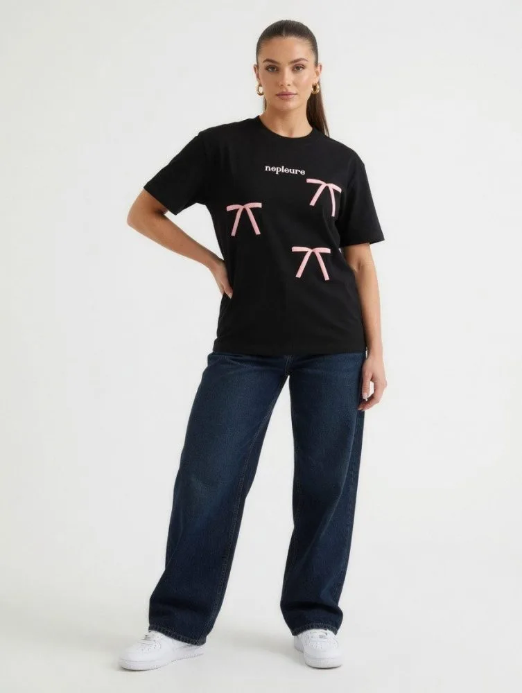 PINK BOW DOWN SHOULDER TEE